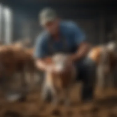 A farmer using the scoop dehorner on livestock, highlighting humane handling techniques.