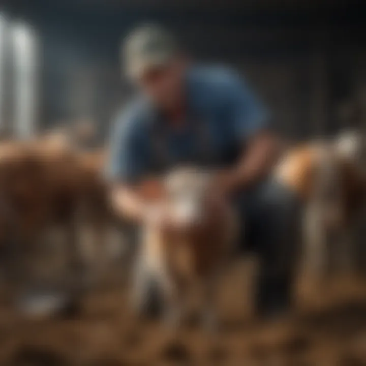 A farmer using the scoop dehorner on livestock, highlighting humane handling techniques.