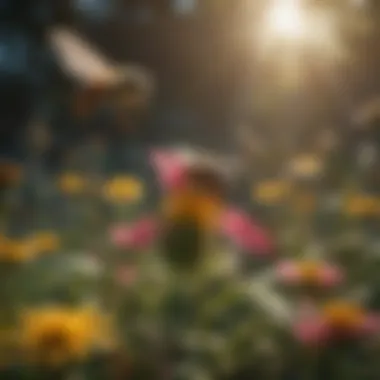 Bees pollinating flowers in a garden