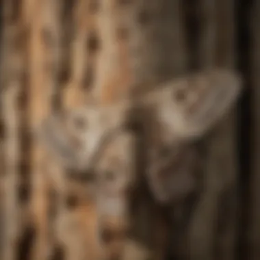 A close-up of a moth camouflaged on tree bark