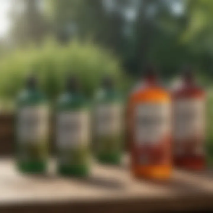 Different herbicide bottles arranged on a wooden table, showcasing various options for lawn care.