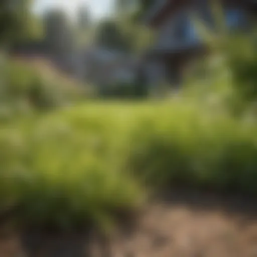 A close-up view of a lush green lawn with visible weeds, illustrating the need for herbicides.