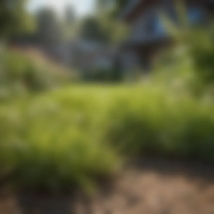 A close-up view of a lush green lawn with visible weeds, illustrating the need for herbicides.