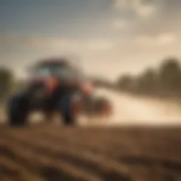 A close-up view of a boom sprayer in action, showcasing the precision of spray application in a field.
