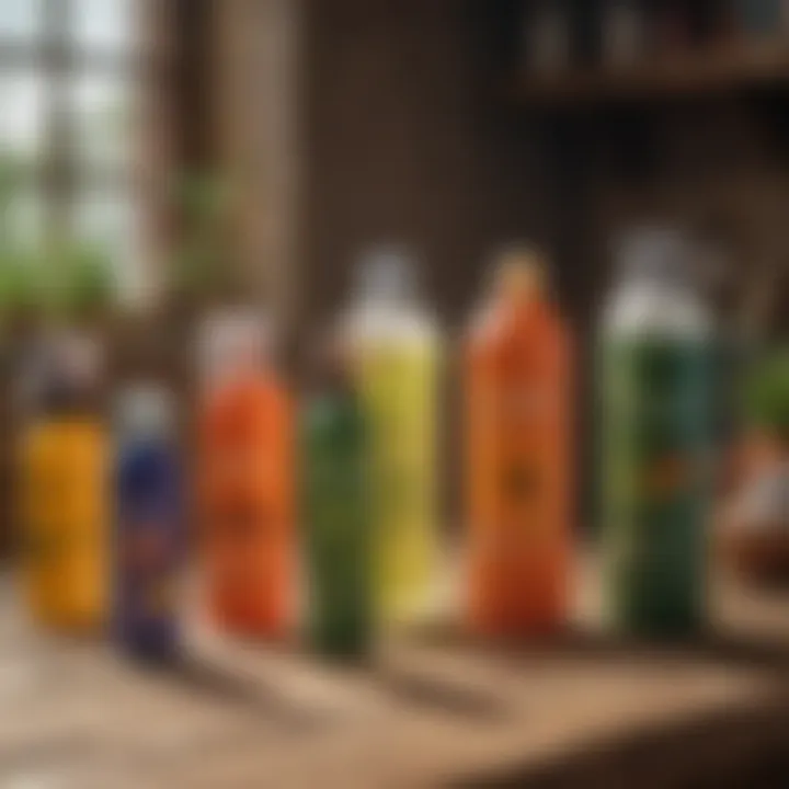 A variety of insecticide spray bottles arranged on a wooden table.