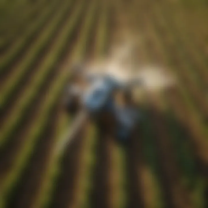 Aerial view of a spray bot in a vibrant field applying pesticides.