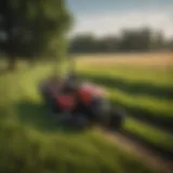 A lawn mower with a bush hog attachment in action cutting tall grass