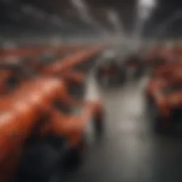 Diverse components of agricultural machinery laid out in a warehouse