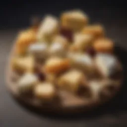 An assortment of various cheeses displayed on a wooden platter