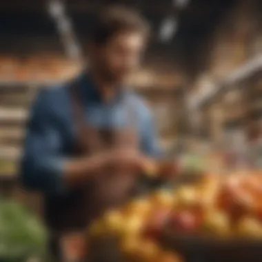 Consumer examining organic products in a market