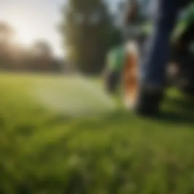 Close-up of liquid lawn care product being applied to the grass