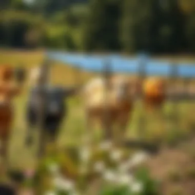 Livestock grazing near solar-powered fencing