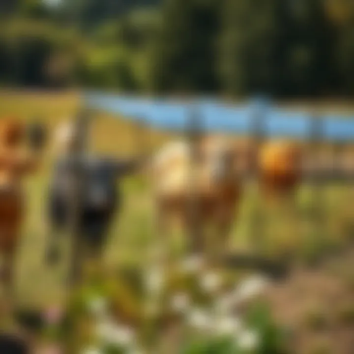 Livestock grazing near solar-powered fencing