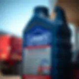 Close-up view of Lowes small engine oil bottle showcasing its label and specifications