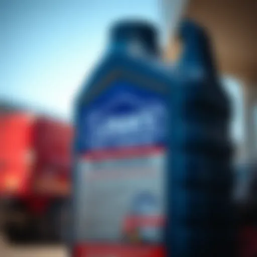 Close-up view of Lowes small engine oil bottle showcasing its label and specifications