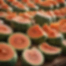 A vibrant display of various melon types in a market setting, showcasing their colors and textures.