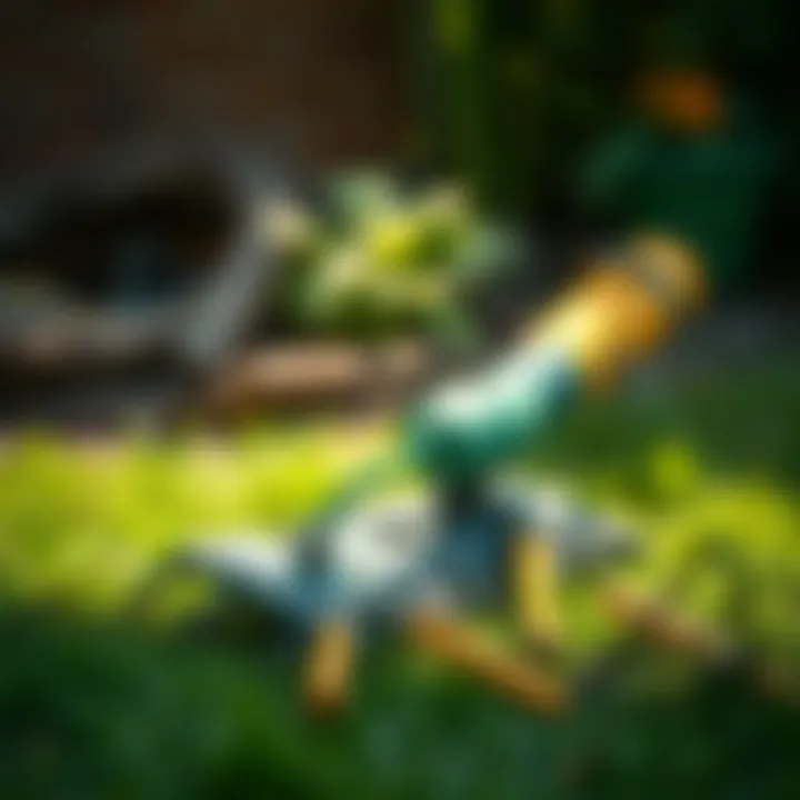 Essential Lawn Care Tools Tools essential for lawn care including a rake and leveling tool