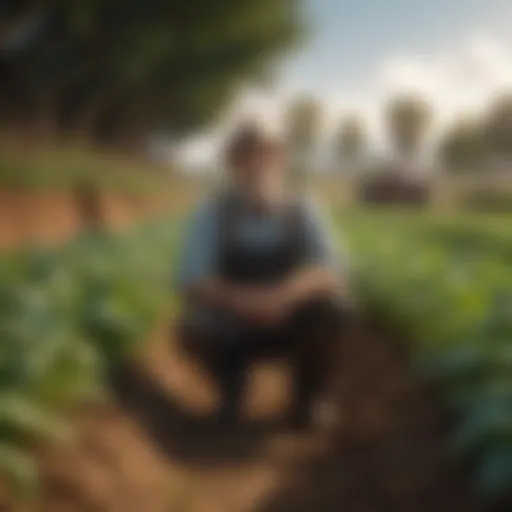 A vibrant farm showcasing various crops with a farmer tending to the fields