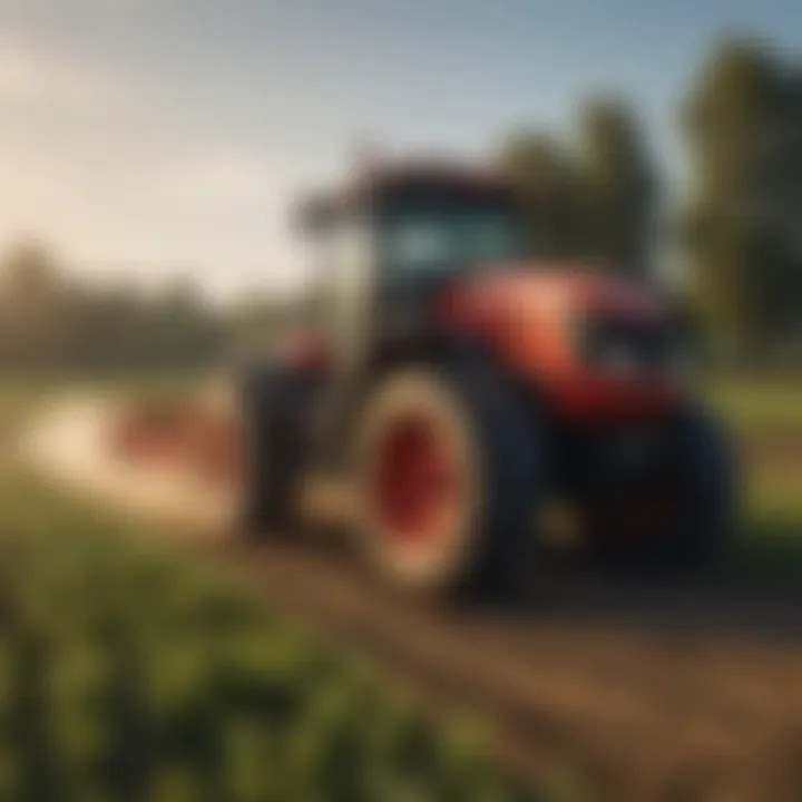 A modern farm tractor in a lush field during golden hour