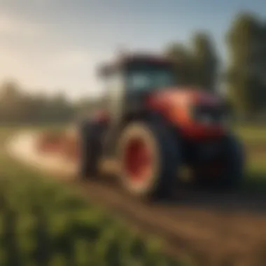 Modern Farm Tractor in Action A modern farm tractor in a lush field during golden hour