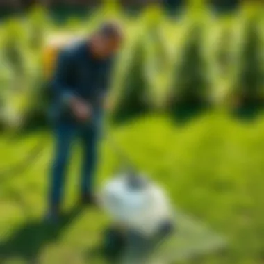 Spraying herbicide on a lawn