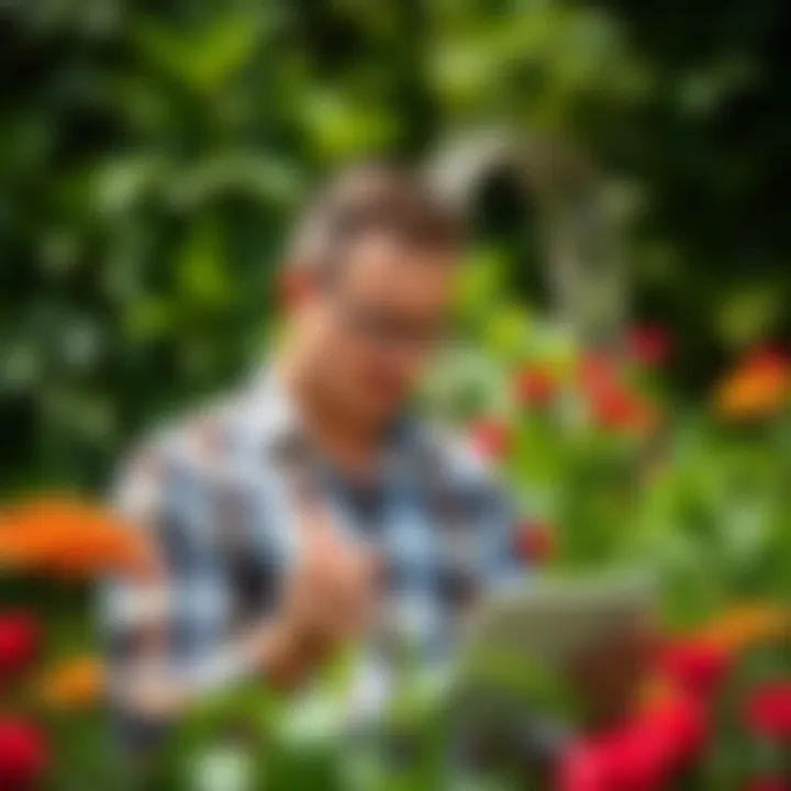 A thoughtful individual reviewing funding opportunities on a digital device in a lush garden