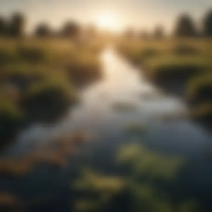 Polluted water with visible contaminants and algae bloom