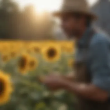 Farmers discussing sunflower yields and sustainability