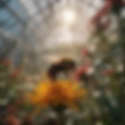 Close-up of a bumblebee pollinating a flower in a greenhouse