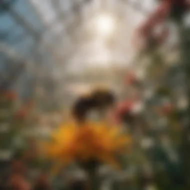 Close-up of a bumblebee pollinating a flower in a greenhouse