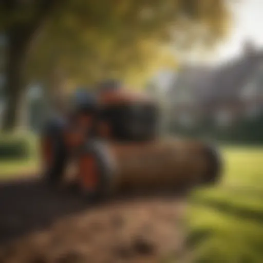 A power rake in action removing thatch from a lawn