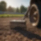 Detailed view of a pull behind garden rake in action on a cultivated field