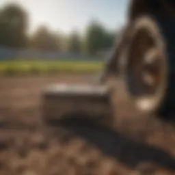 Detailed view of a pull behind garden rake in action on a cultivated field