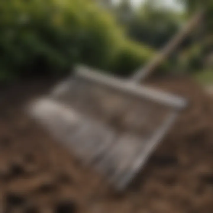 Close-up of the unique design features of a pull behind garden rake