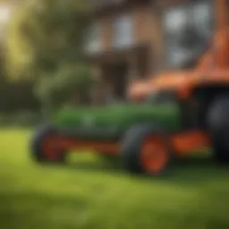 Close-up view of a pull behind lawn spreader in action on a lush green lawn