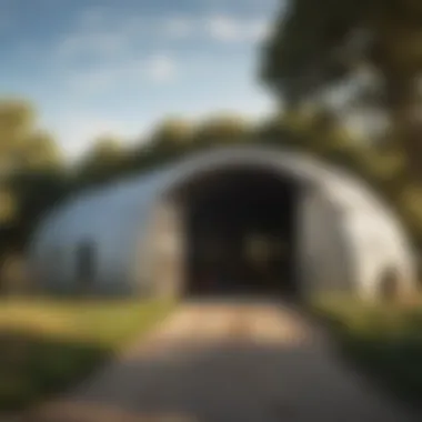 Exterior view of a Quonset hut in a rural setting