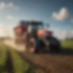 An advanced rider fertilizer spreader in action across a lush field