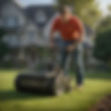 Landscaper Using Aeration Tool A professional landscaper using an aeration tool on a lawn.