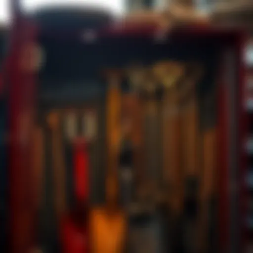 An organized shovel storage cabinet showcasing various tools in a neat arrangement