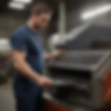 Technician inspecting a shredder machine for issues