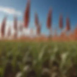 An expansive field of flourishing sorghum under a clear blue sky