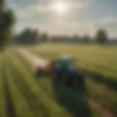 An agricultural professional applying herbicide in a lush hay field