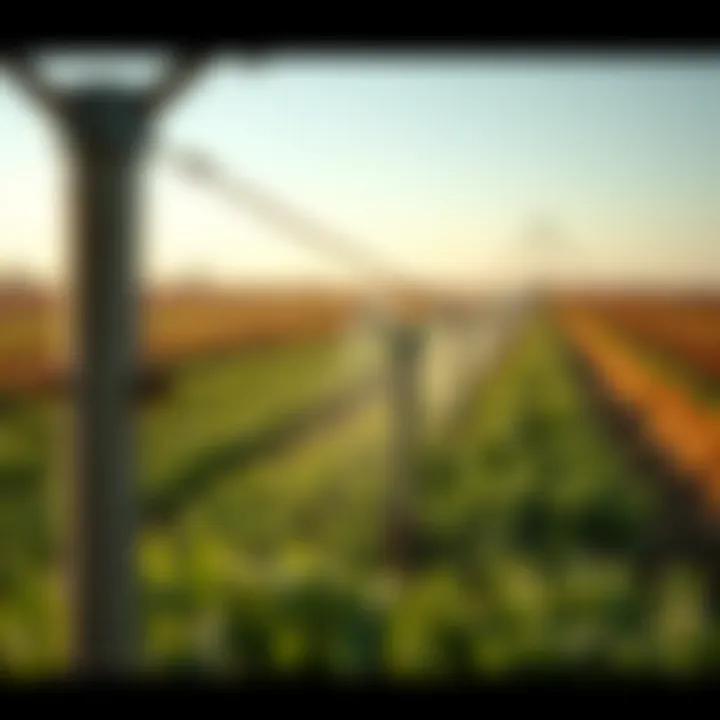 Agricultural field with T post sprinkler heads in action