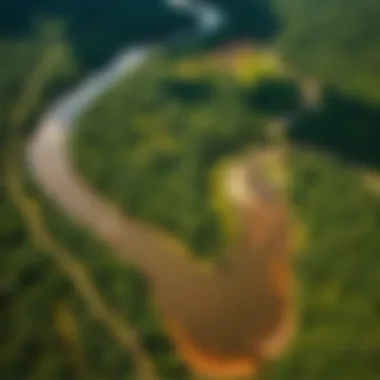 Aerial View of the Amazon River An aerial view of the Amazon River winding through lush greenery.