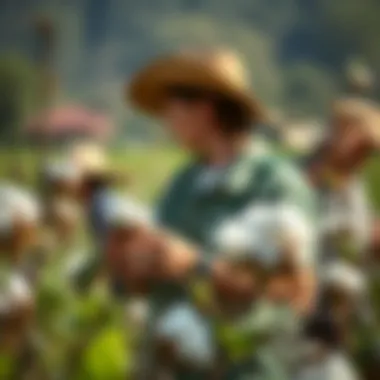 Farmers inspecting cotton plants