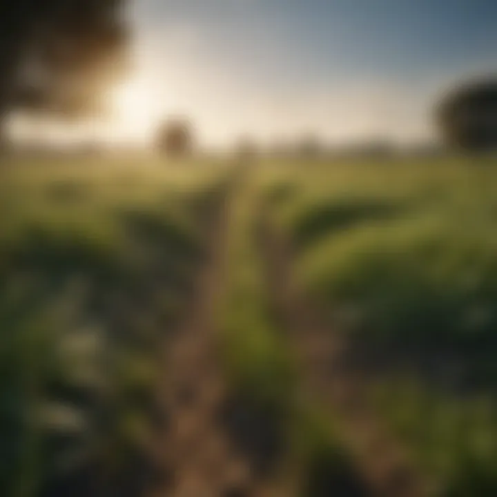 A lush green grass strip between agricultural fields showcasing biodiversity.