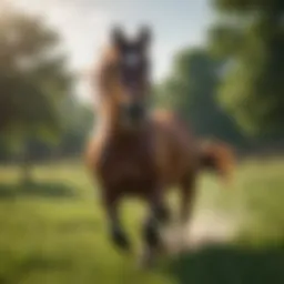 A healthy horse galloping in a lush green field