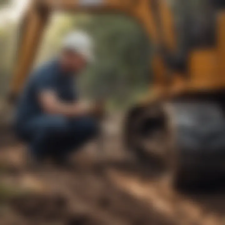 A technician performing maintenance on a trench digging machine