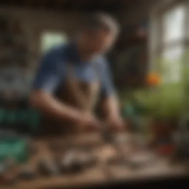 A gardener maintaining tools in a clean workspace