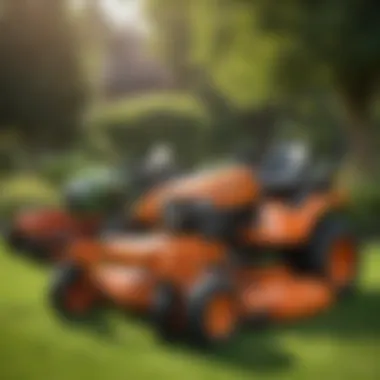 A variety of town and country lawn mowers displayed in a lush garden setting